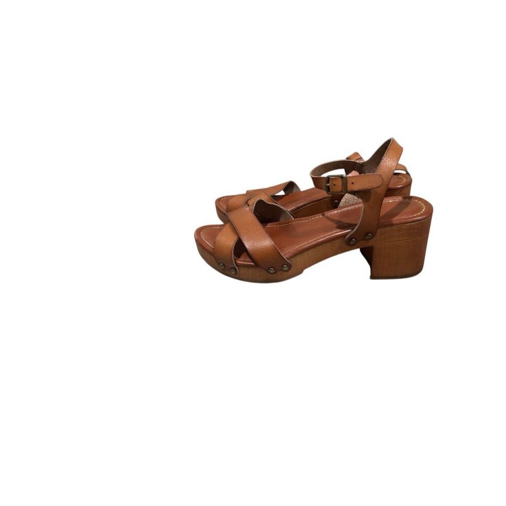 Mia Swedish Clog Sandals Womens Tan Leather Peep Toe Wooden Heel Buckle Sweden